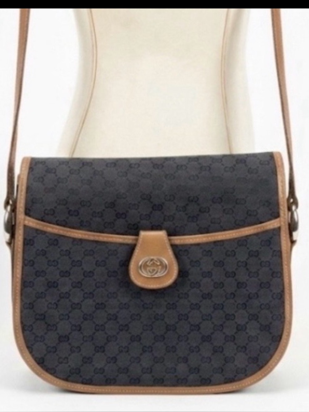 Gucci Blue Monogram Crossbody Bag with tan Trim and Gold Interior